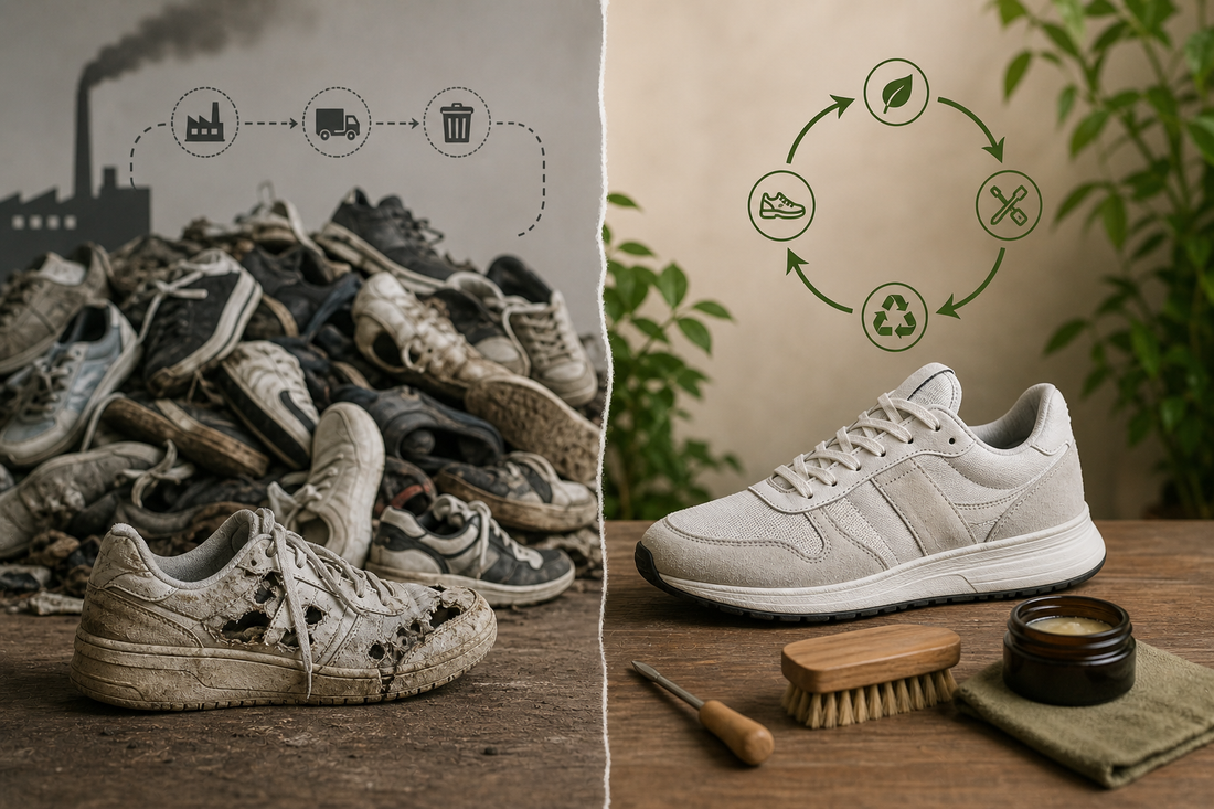 Warum Langlebigkeit Nachhaltigkeit schlägt: Untersuchung, wie lang getragene Schuhe nachhaltiger sind als ständig neue Paare. (kombiniert mit Daten aus Studien/intern)